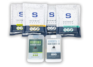 Adventure Sampler Kit: 4 Shower Pouches, 1 Hand Sanitizer (80%), and 1 Deodorant