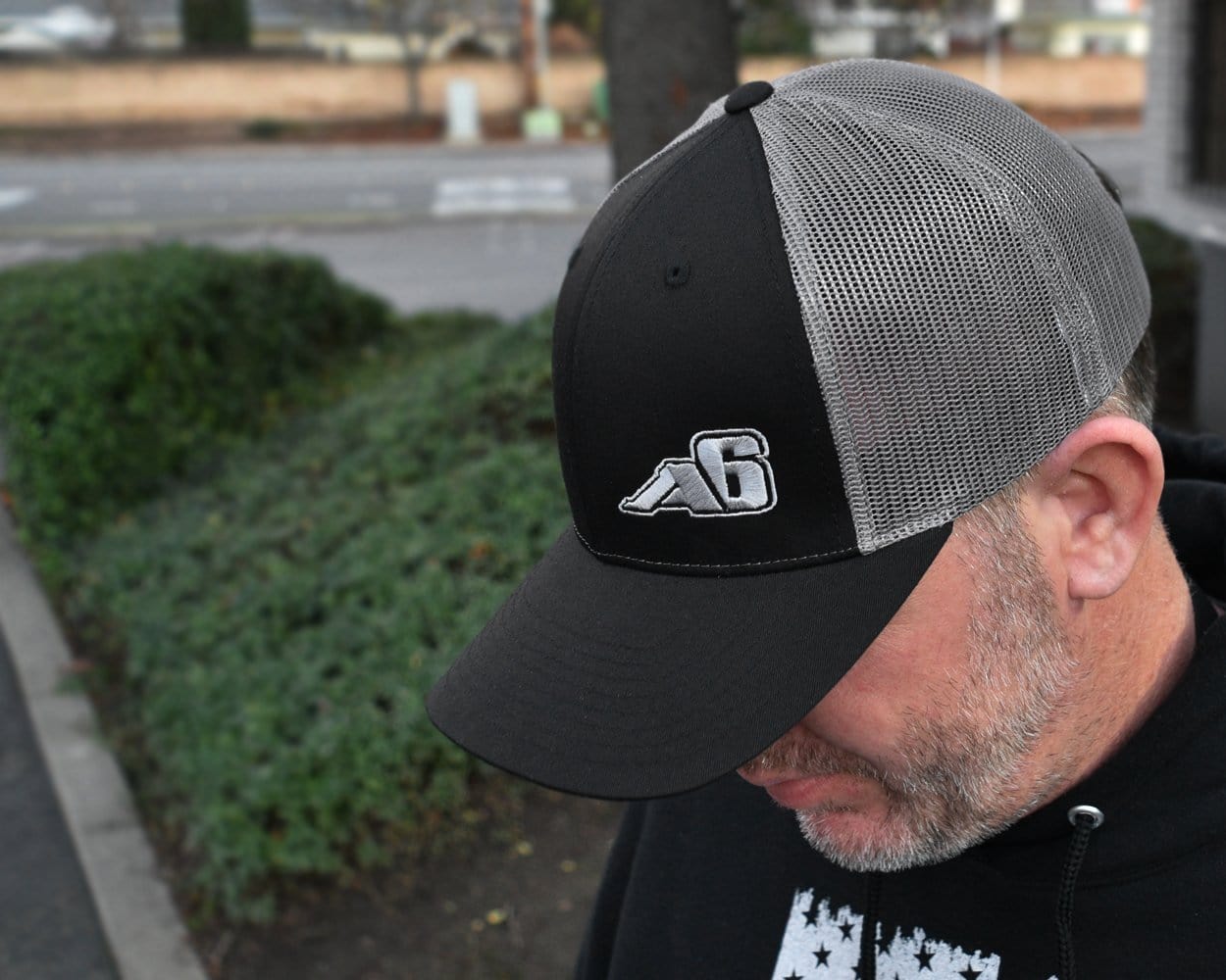 Low Pro Trucker Snap-Back Hat - Black/Grey with A6™ Embroidered